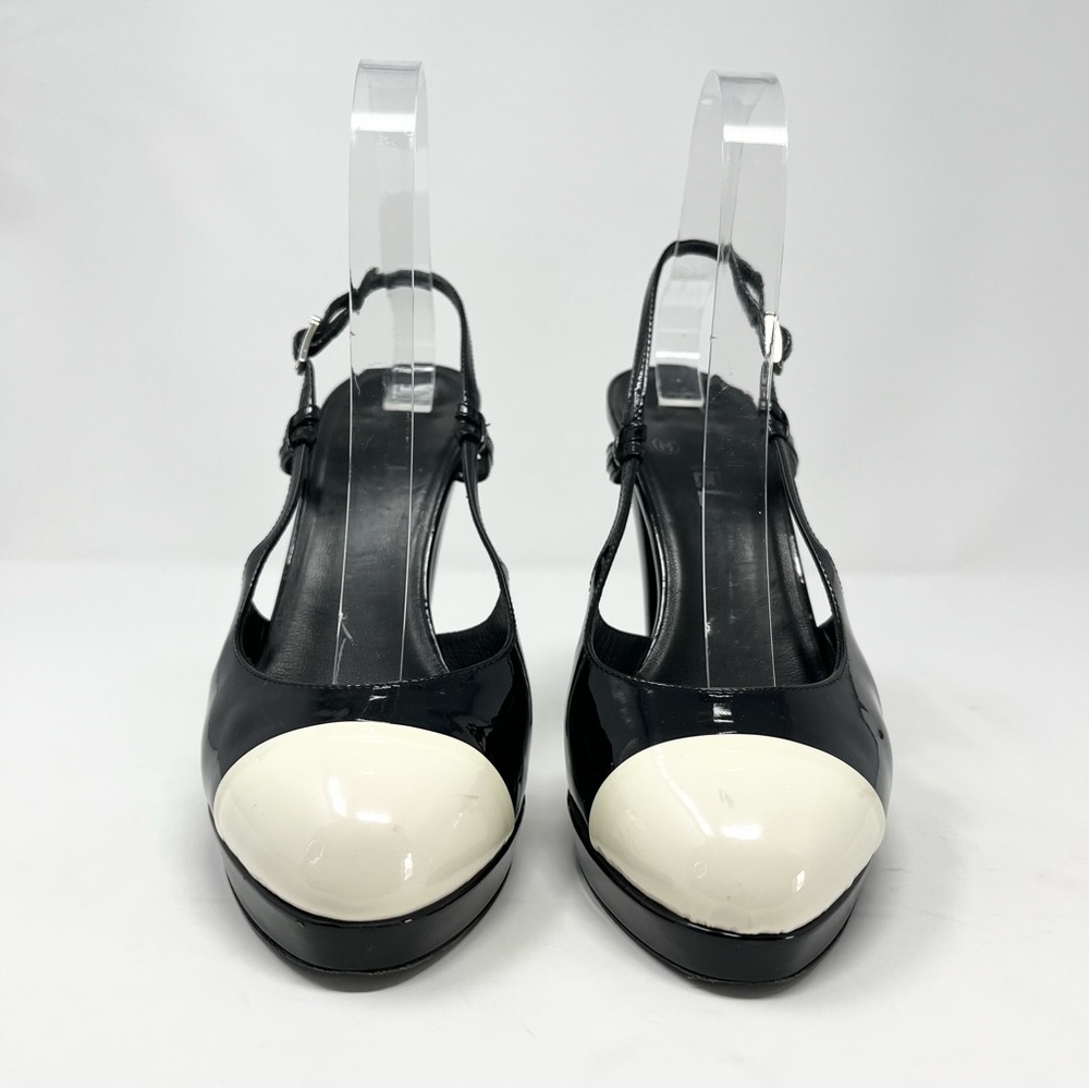 Chanel Black White Patent Leather Cap Toe Two Tone Slingback Heels Pumps 41 11 - Picture 4 of 11